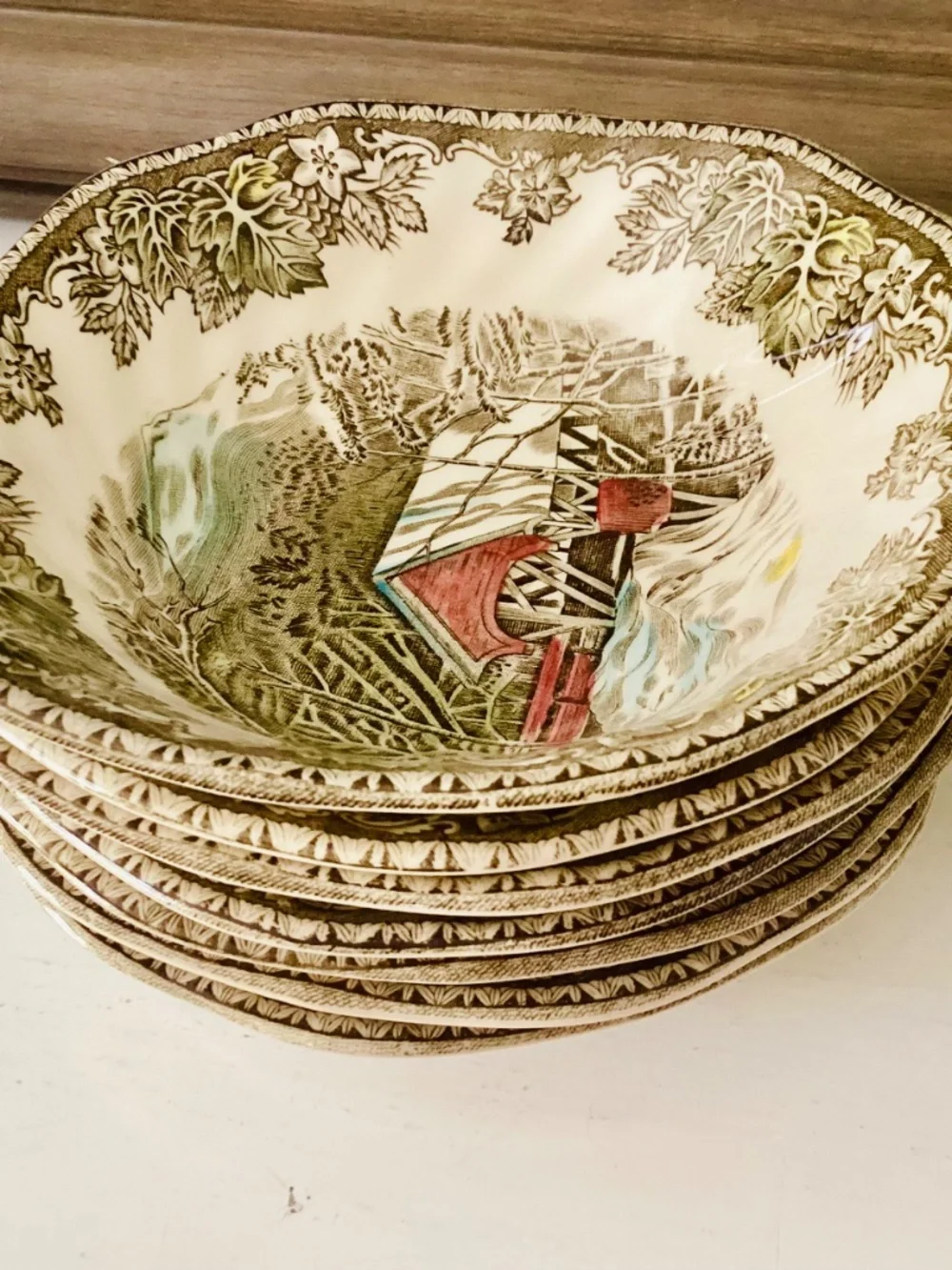 The Friendly Village Johnson Brothers bowls Set of 8 England The covered Bridge